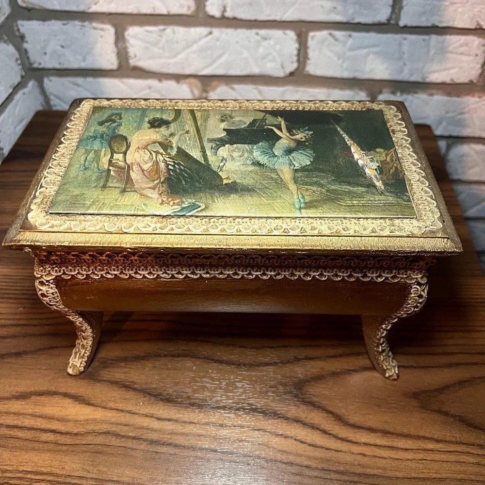 VTG Japan Musical Jewelry Box Greensleeves Ballet Ballerina Red Velvet Footed *